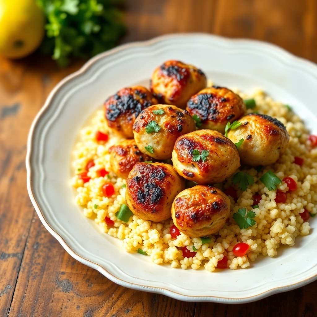 Lemon Garlic Chicken Meatball Skewers with Mediterranean Couscous