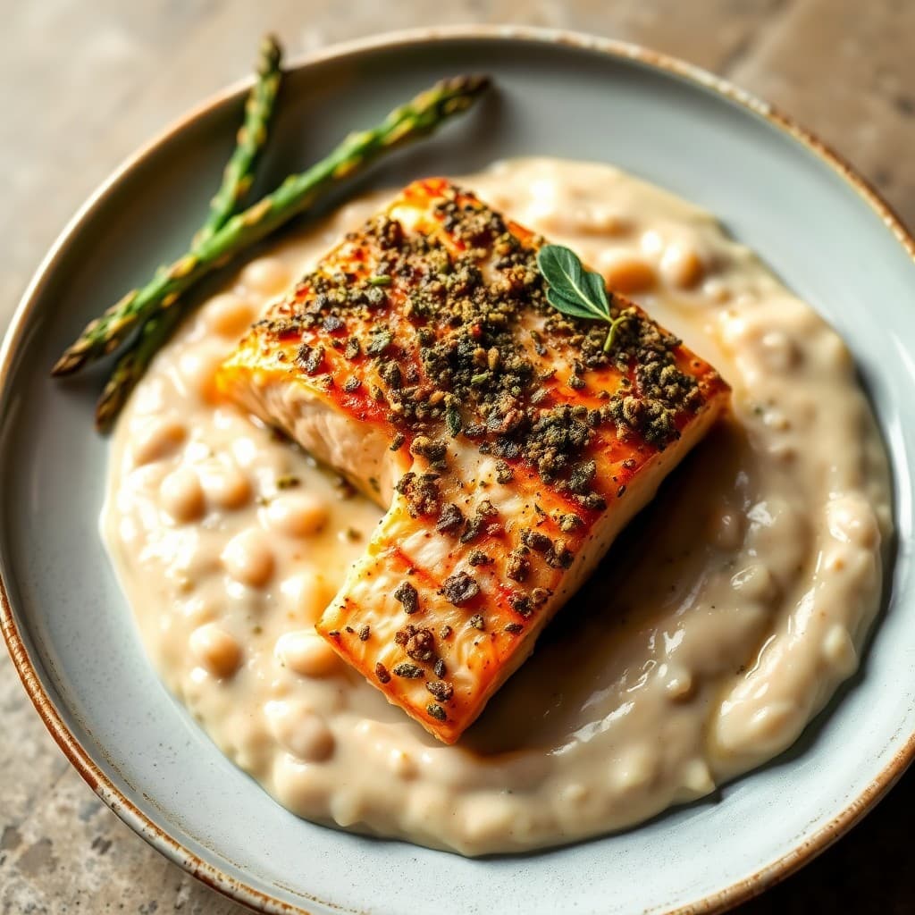 Provençal Pan-Seared Salmon with Tapenade Crust & Creamy White Bean Purée