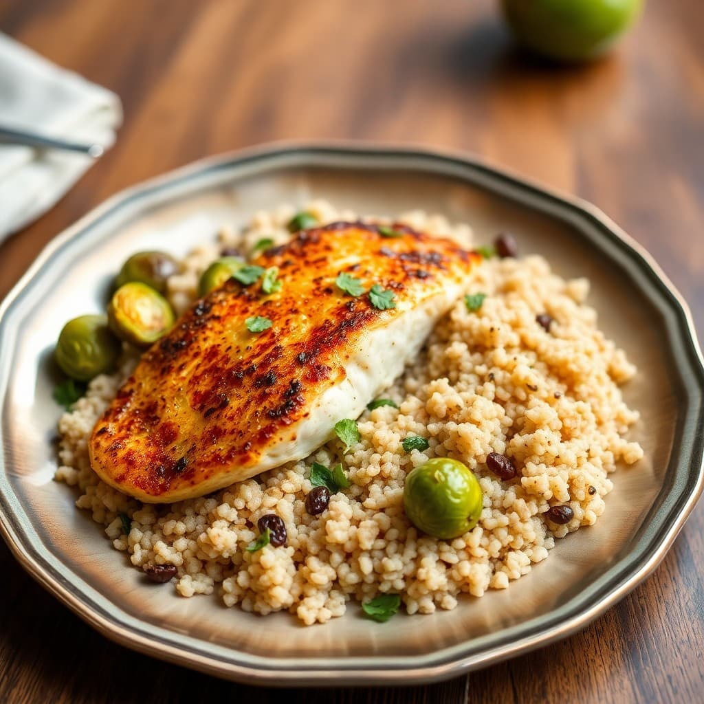 Seared Chili-Lime Tilapia with Quinoa Pilaf and Roasted Brussels Sprouts