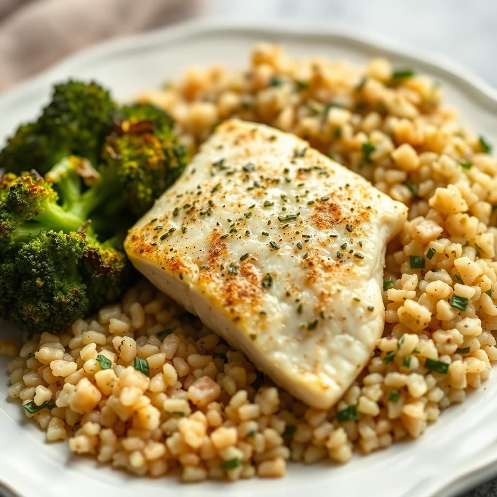 Garlic Herb Baked Tilapia with Roasted Broccoli and Quinoa Pilaf