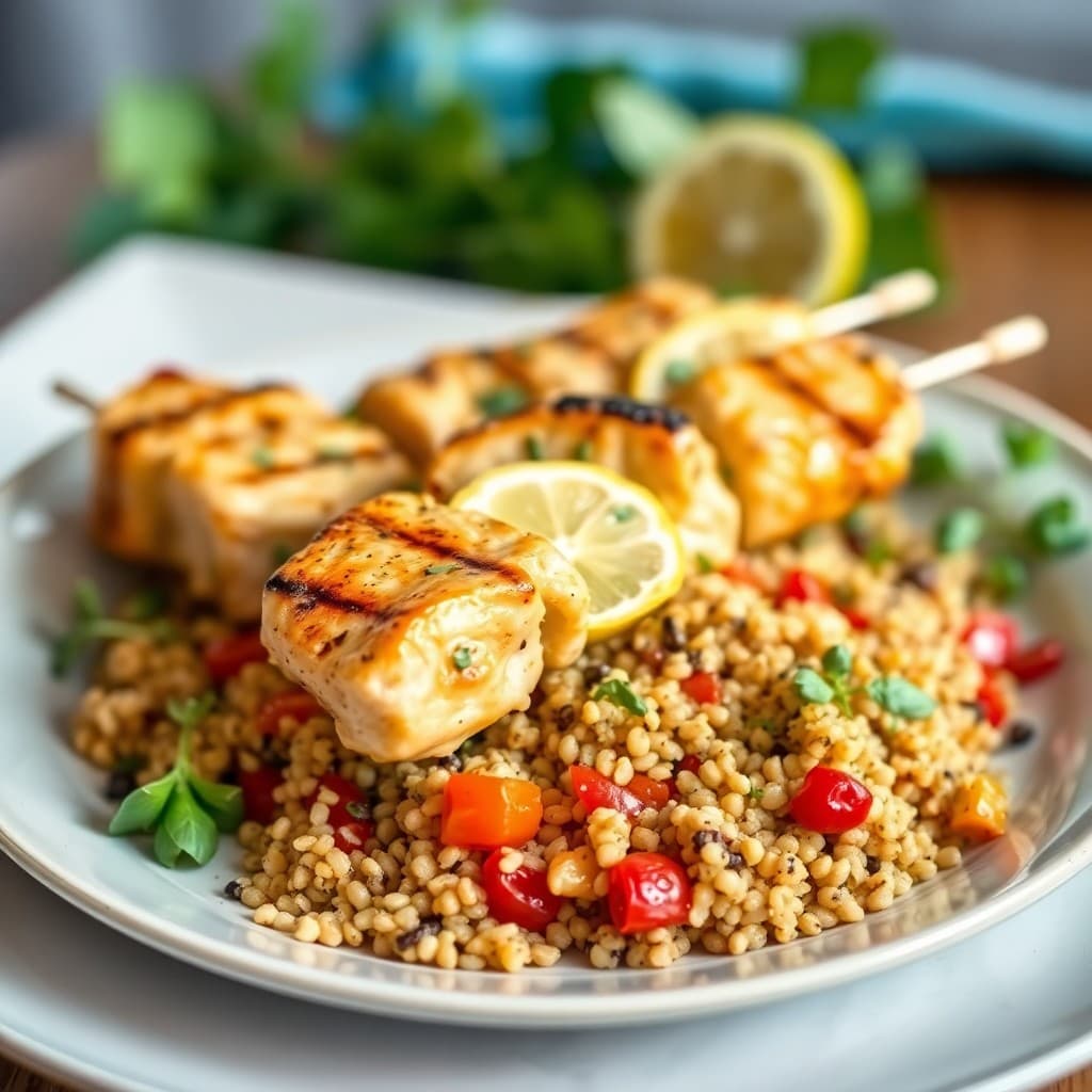 Lemon Garlic Chicken Skewers with Mediterranean Quinoa