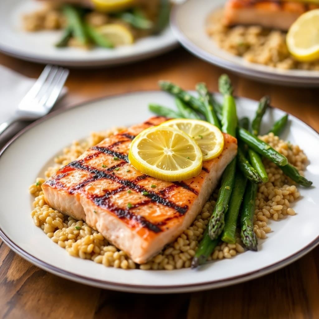 Lemon-Garlic Grilled Salmon with Roasted Asparagus and Farro