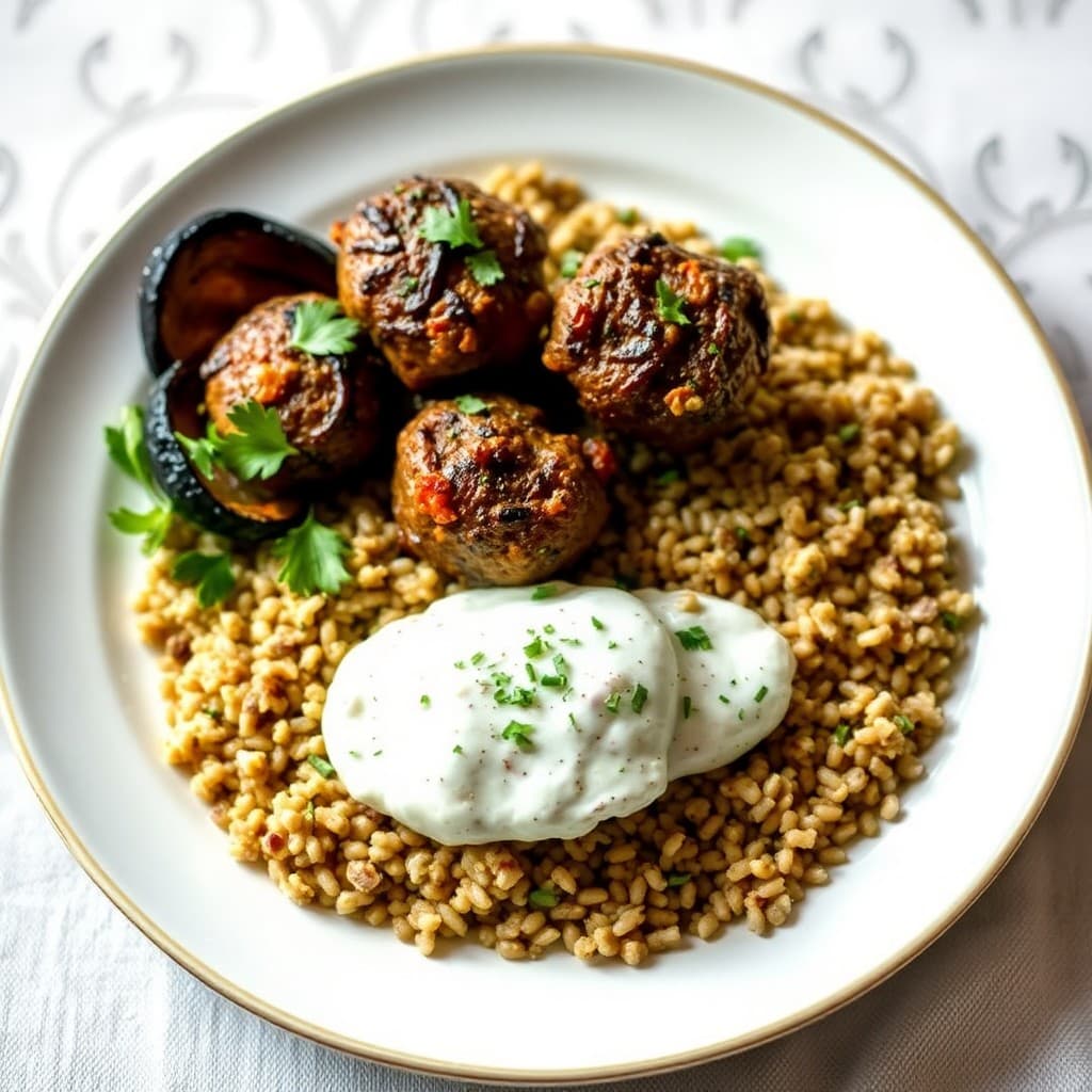 Turkish Pan-Seared Lamb Köfte with Charred Eggplant & Freekeh Pilaf