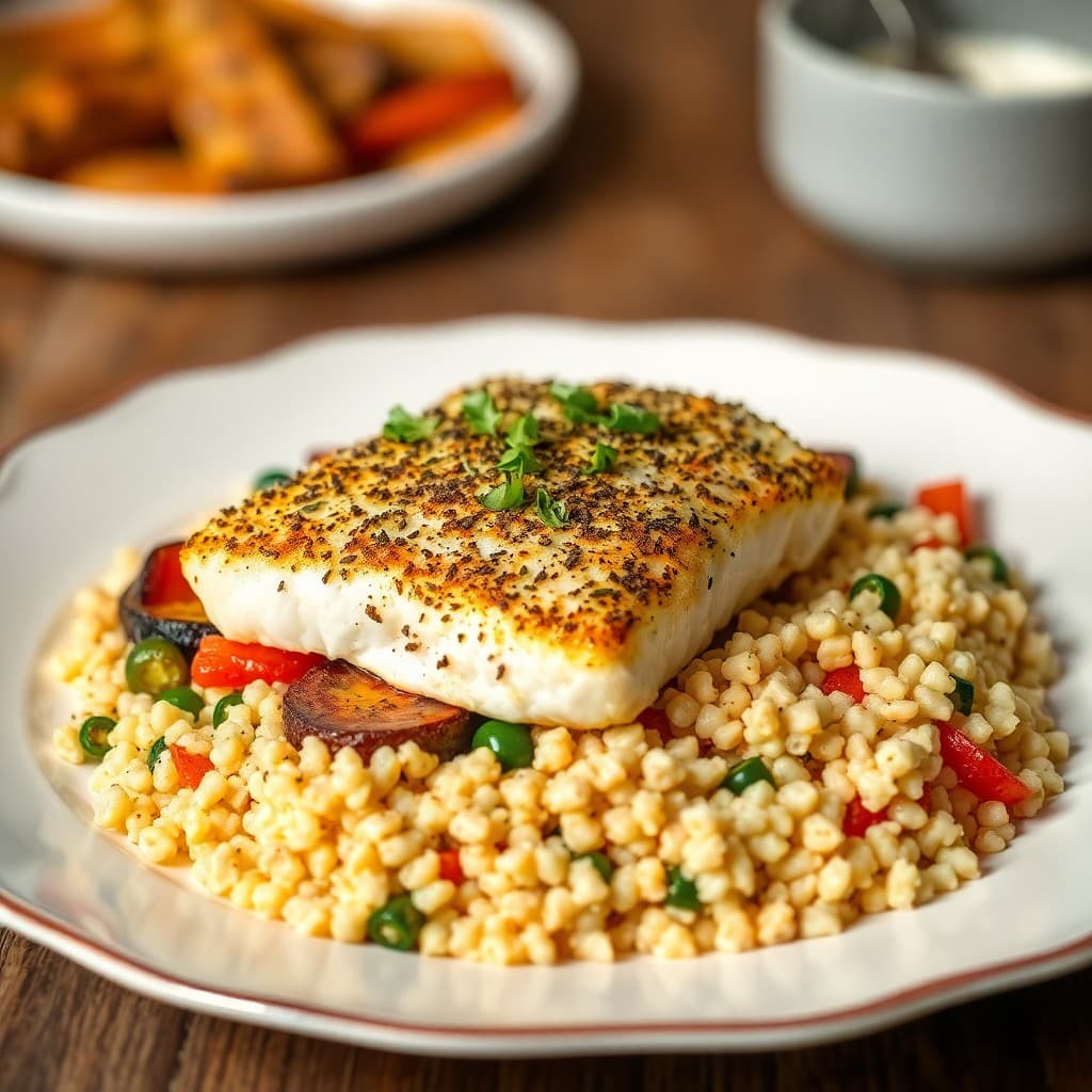 Mediterranean Baked Cod with Roasted Vegetable Couscous