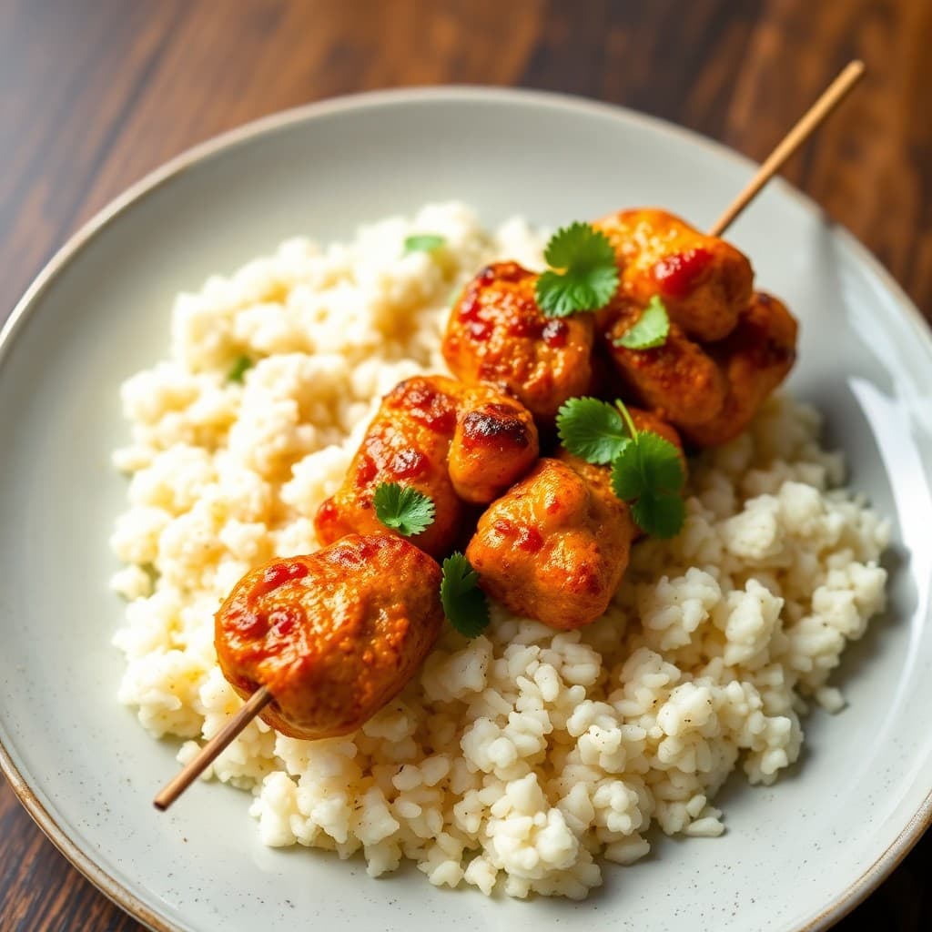Thai Red Curry Chicken Skewers with Coconut Lime Cauliflower Rice