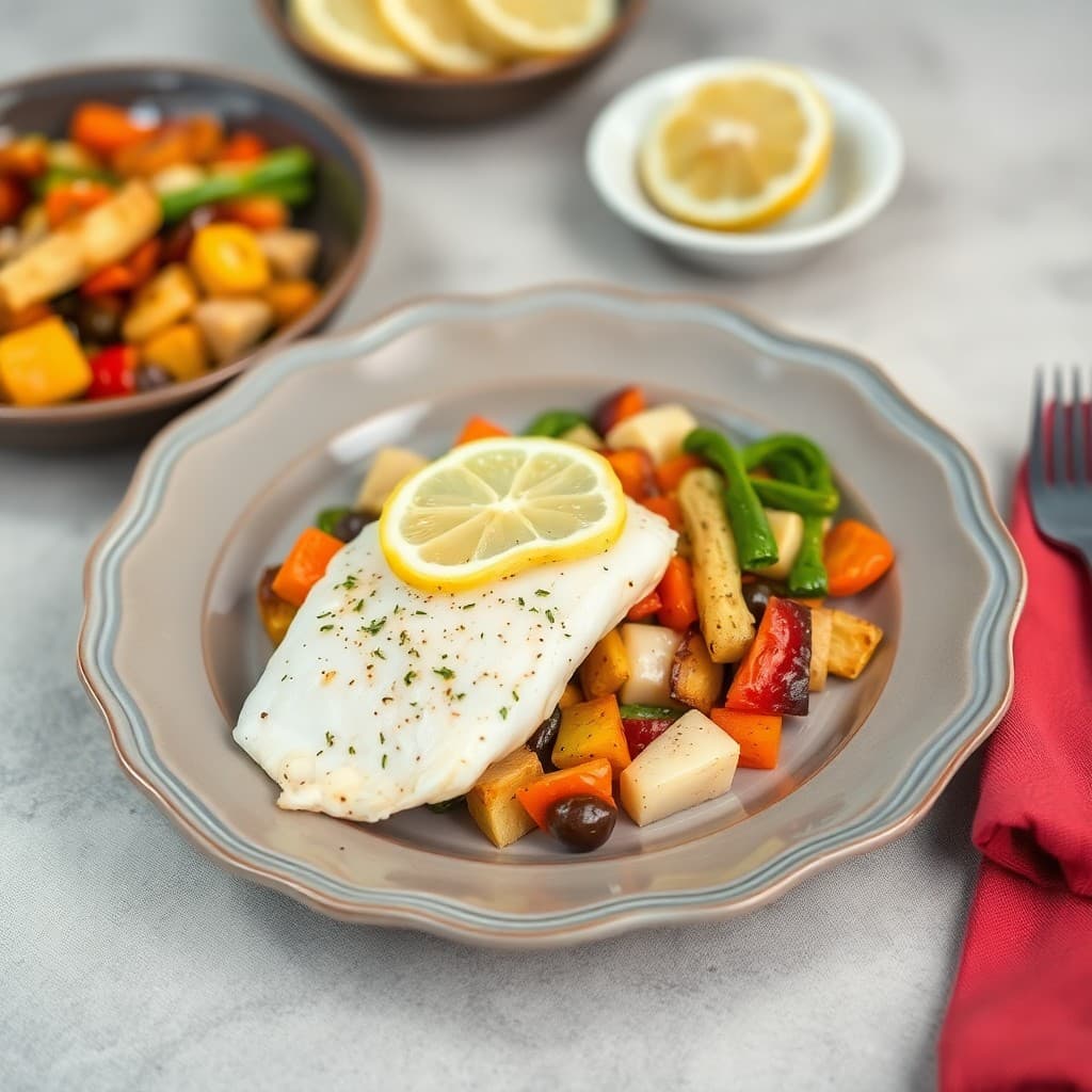 Baked Lemon Garlic Tilapia with Roasted Vegetable Medley