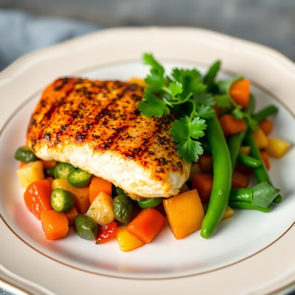 Seared Chili Lime Chicken with Roasted Vegetable Medley