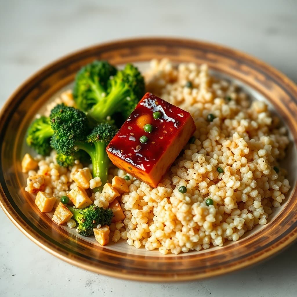 Seared Teriyaki Tofu with Roasted Broccoli and Quinoa