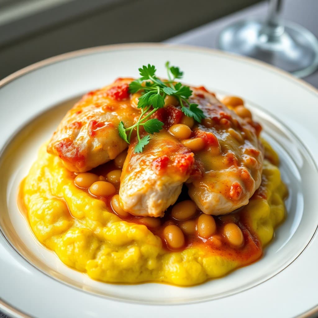 Saffron-Braised Chicken with White Bean & Fennel Ragù over Creamy Polenta