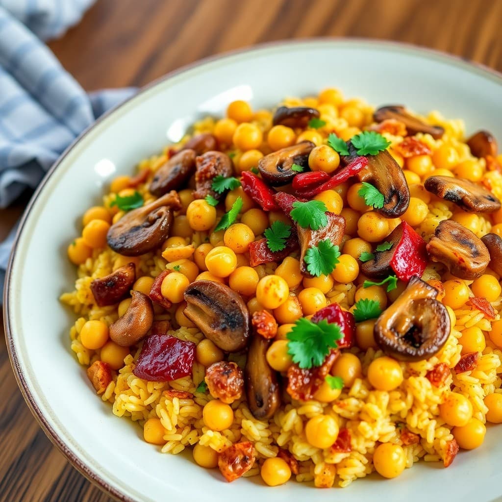 Spanish-Style Chickpea & Saffron Paella with Crispy Tempeh