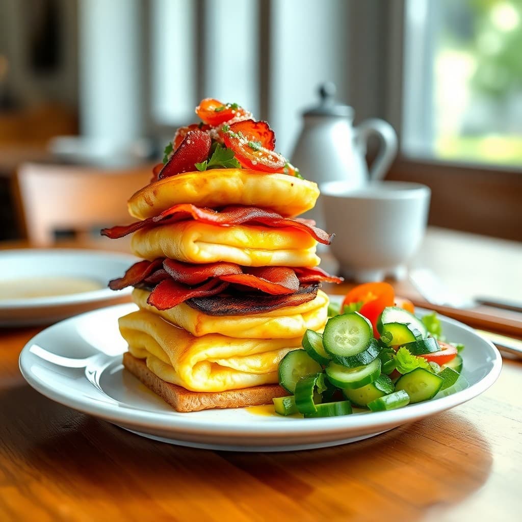 Japanese Tamagoyaki Breakfast Stack with Crispy Bacon & Miso Buttered Toast