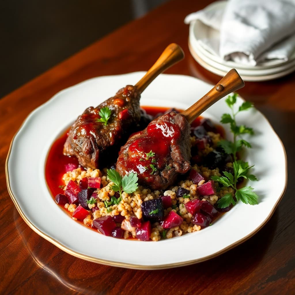 Turkish Braised Lamb Shank with Pomegranate-Walnut Glaze & Roasted Beet Tabbouleh