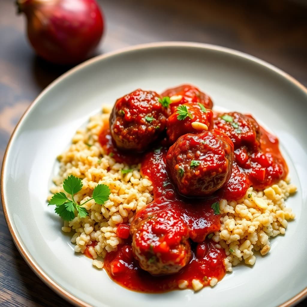 Braised Lamb Köfte with Pomegranate Glaze & Herbed Bulgur Pilaf