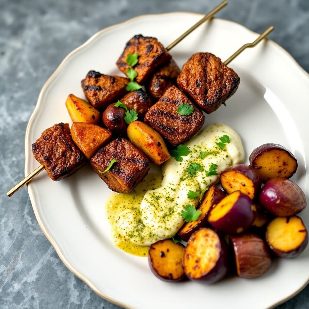 Peruvian Citrus-Marinated Bison Skewers with Charred Purple Potato & Chimichurri Aioli