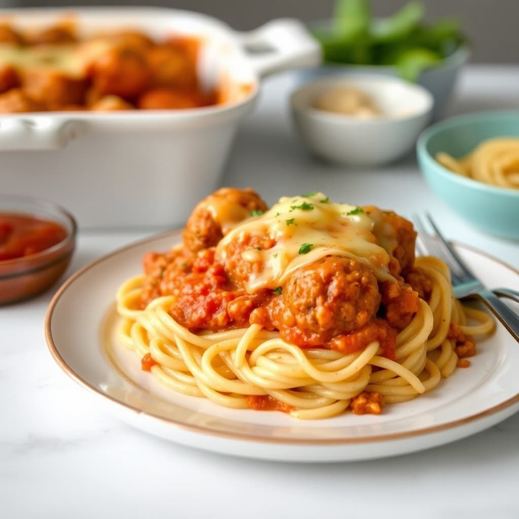 Cheesy Meatball Spaghetti Bake