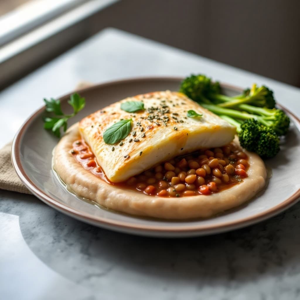Italian Herb-Braised Sea Bass with Creamy Lentil Purée & Roasted Broccolini