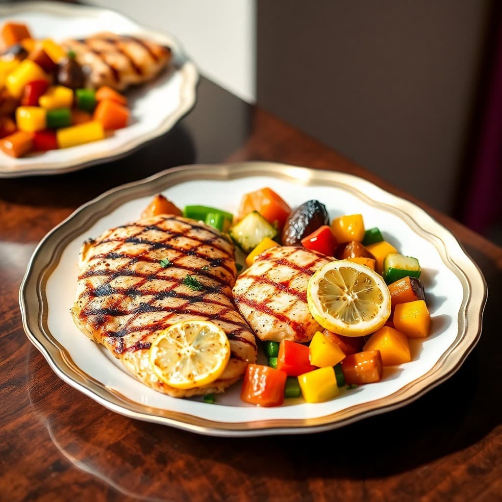 Grilled Lemon-Garlic Chicken with Roasted Veggie Medley