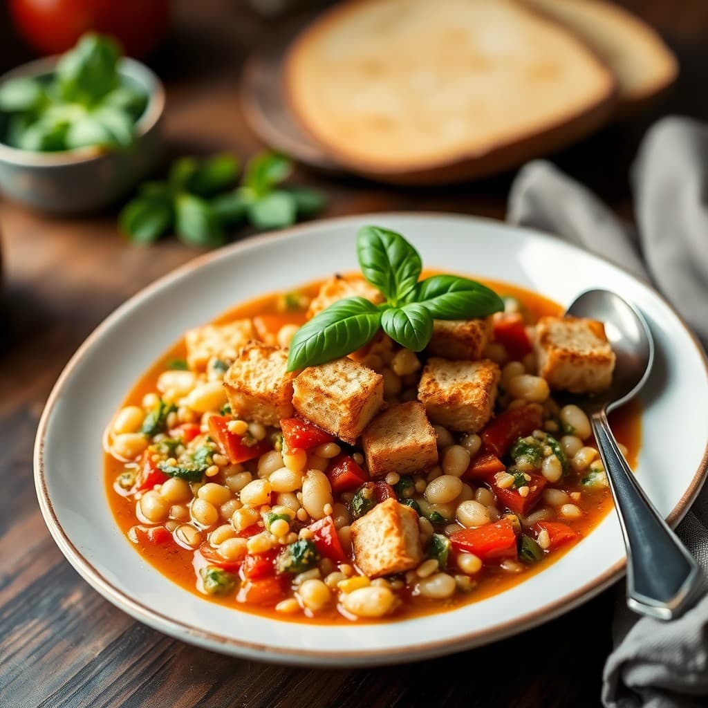 Italian Farro & White Bean Minestrone with Crispy Tempeh Croutons