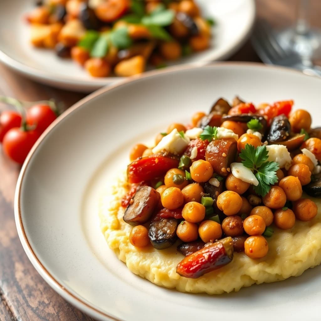 Crispy Chickpea & Roasted Eggplant Caponata with Creamy Polenta
