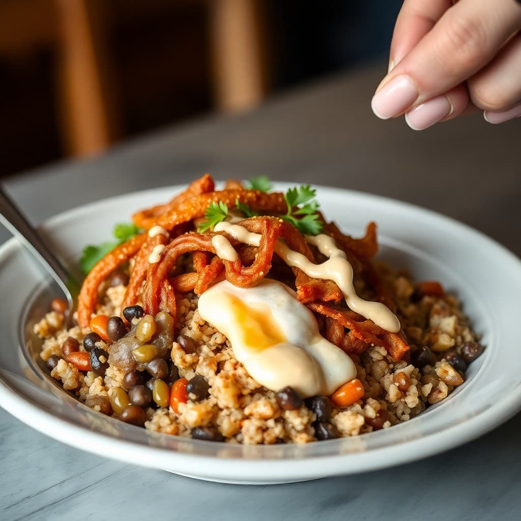 Middle Eastern Mujadara Breakfast Bowl with Crispy Seitan & Tahini Drizzle
