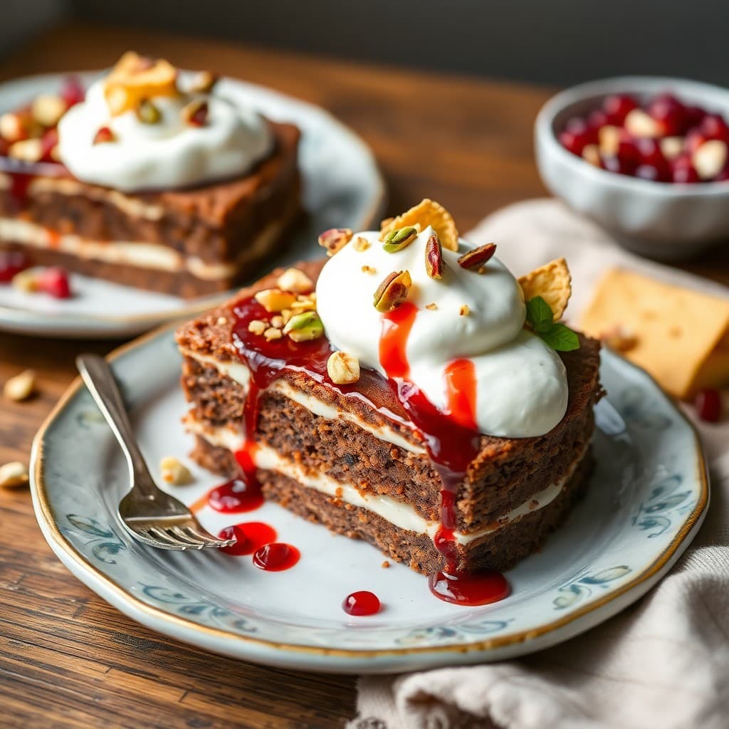 Turkish Carob & Sesame Halva Cake with Whipped Labneh & Pomegranate Molasses Drizzle
