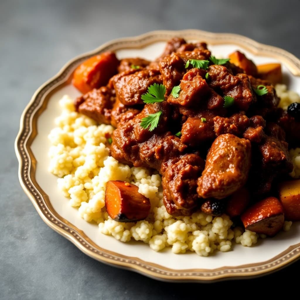 Moroccan Spiced Beef Tagine with Couscous and Roasted Vegetables