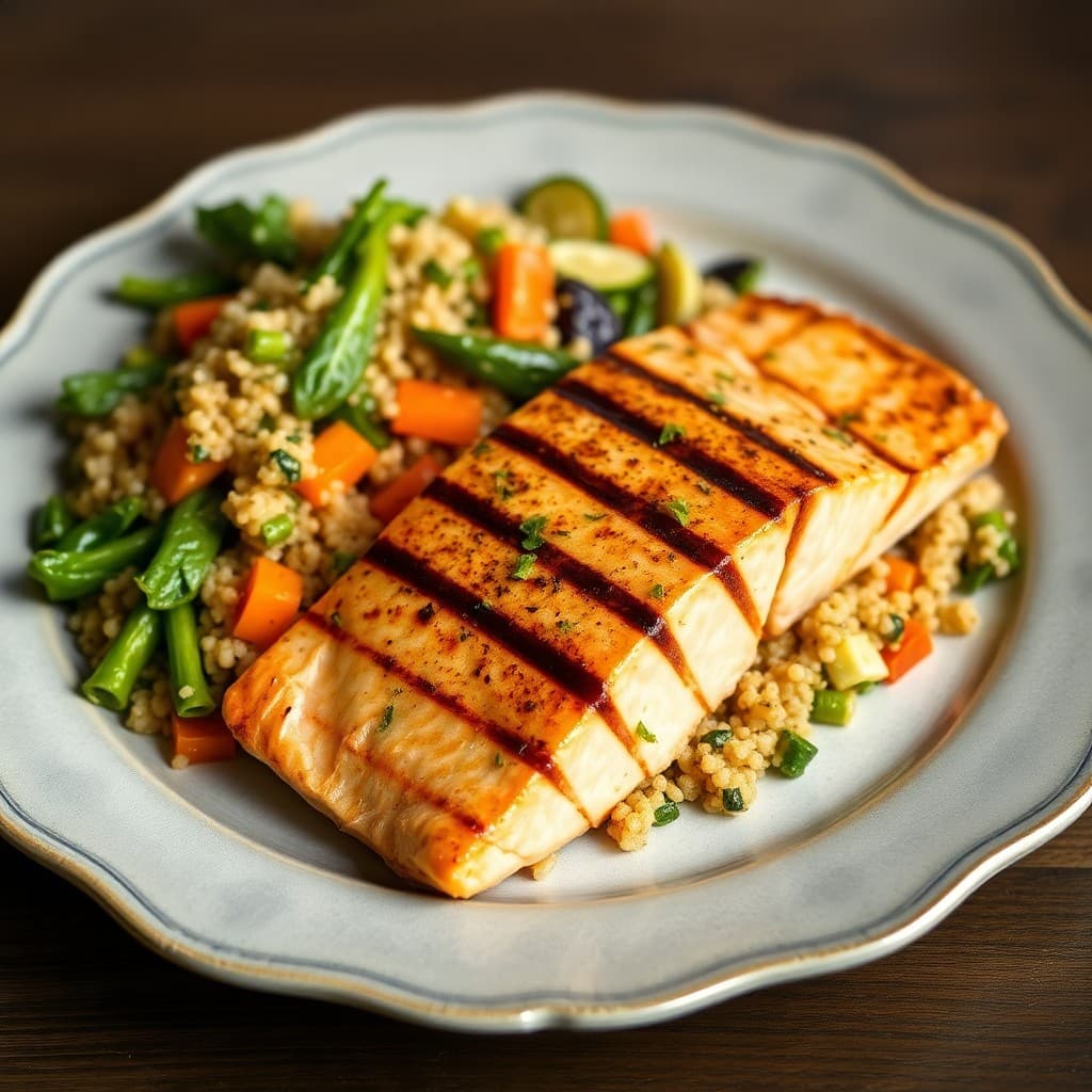 Grilled Miso Salmon with Roasted Vegetable Quinoa