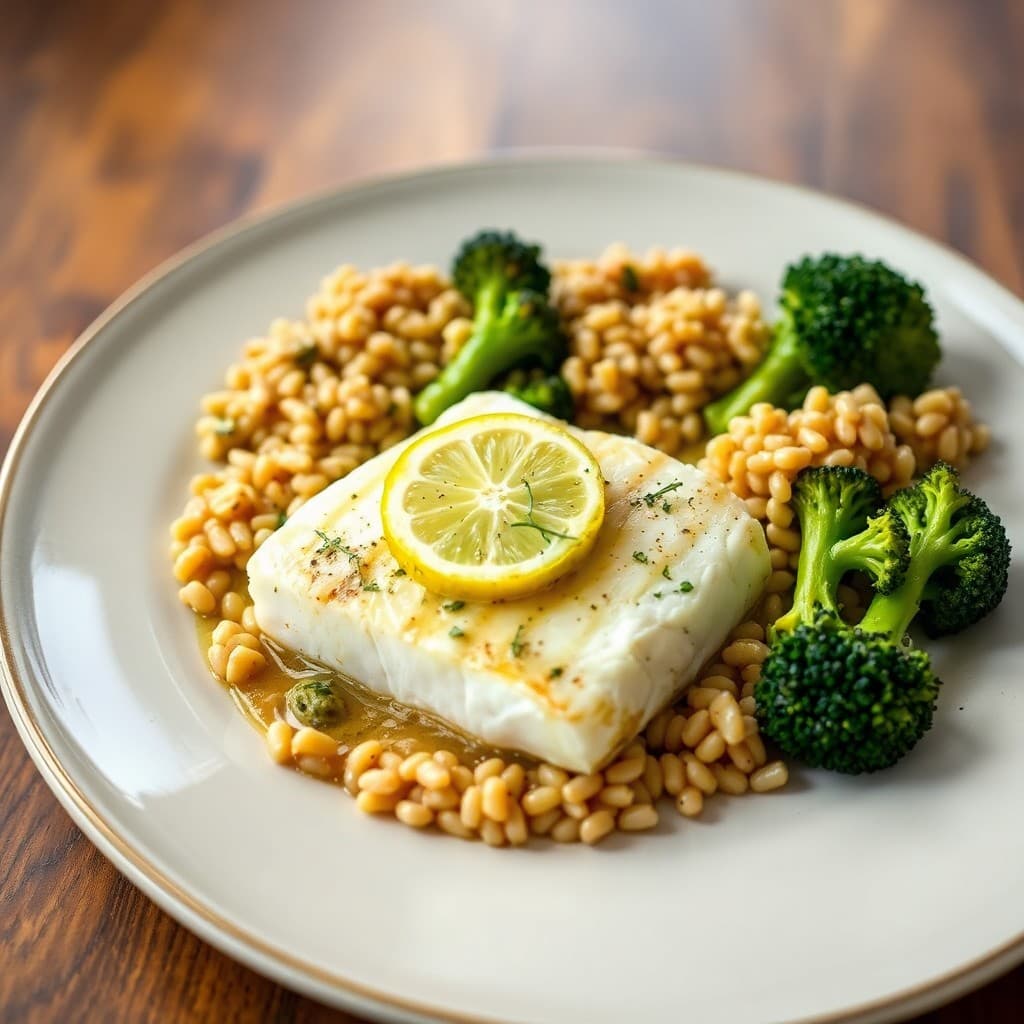 Lemon Garlic Baked Cod with Roasted Broccoli and Farro