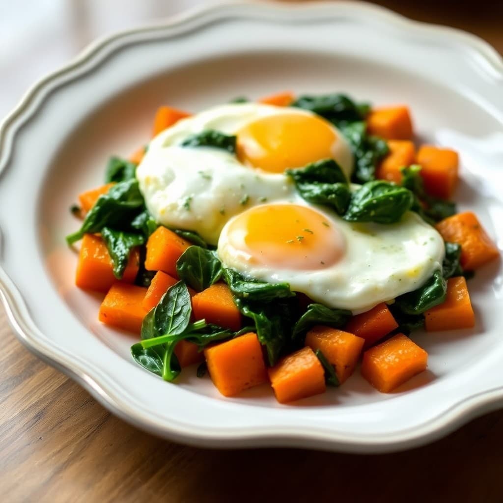 Paleo Baked Eggs with Spinach and Roasted Sweet Potatoes