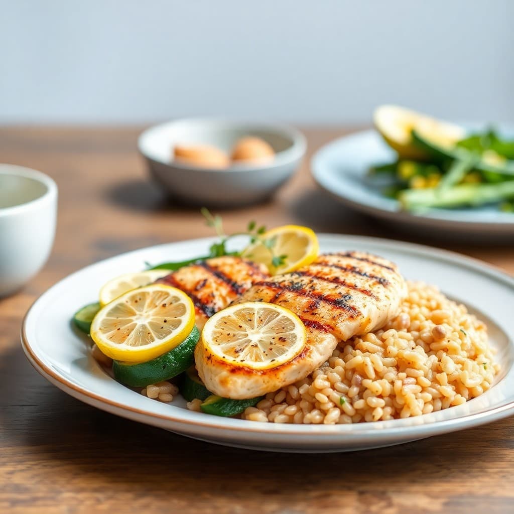 Grilled Lemon Chicken with Roasted Zucchini and Barley Pilaf