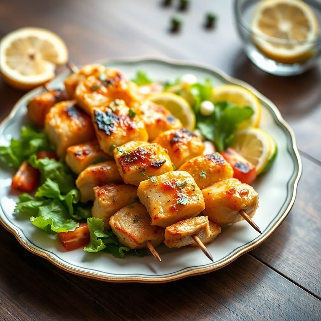 Lemon-Garlic Chicken Skewers with Greek Salad