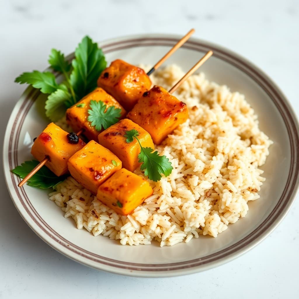 Spicy Mango Chicken Skewers with Coconut Rice
