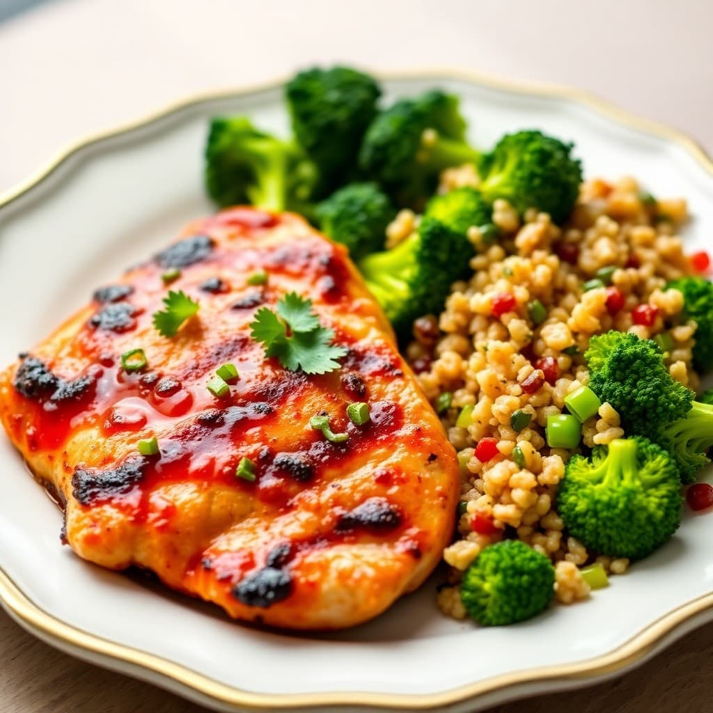 Seared Chili-Lime Chicken with Roasted Broccoli and Quinoa Salad