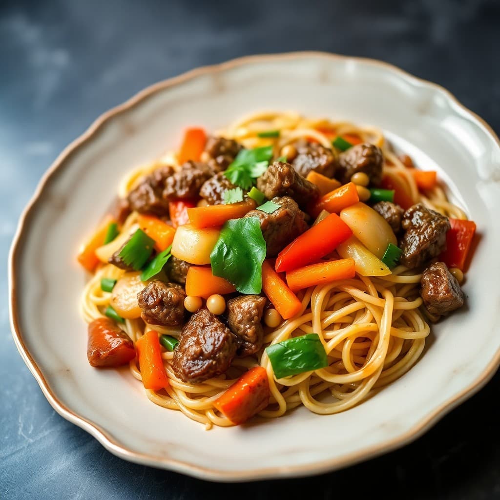 Sizzling Beef Stir-Fry with Garlic Ginger Noodles