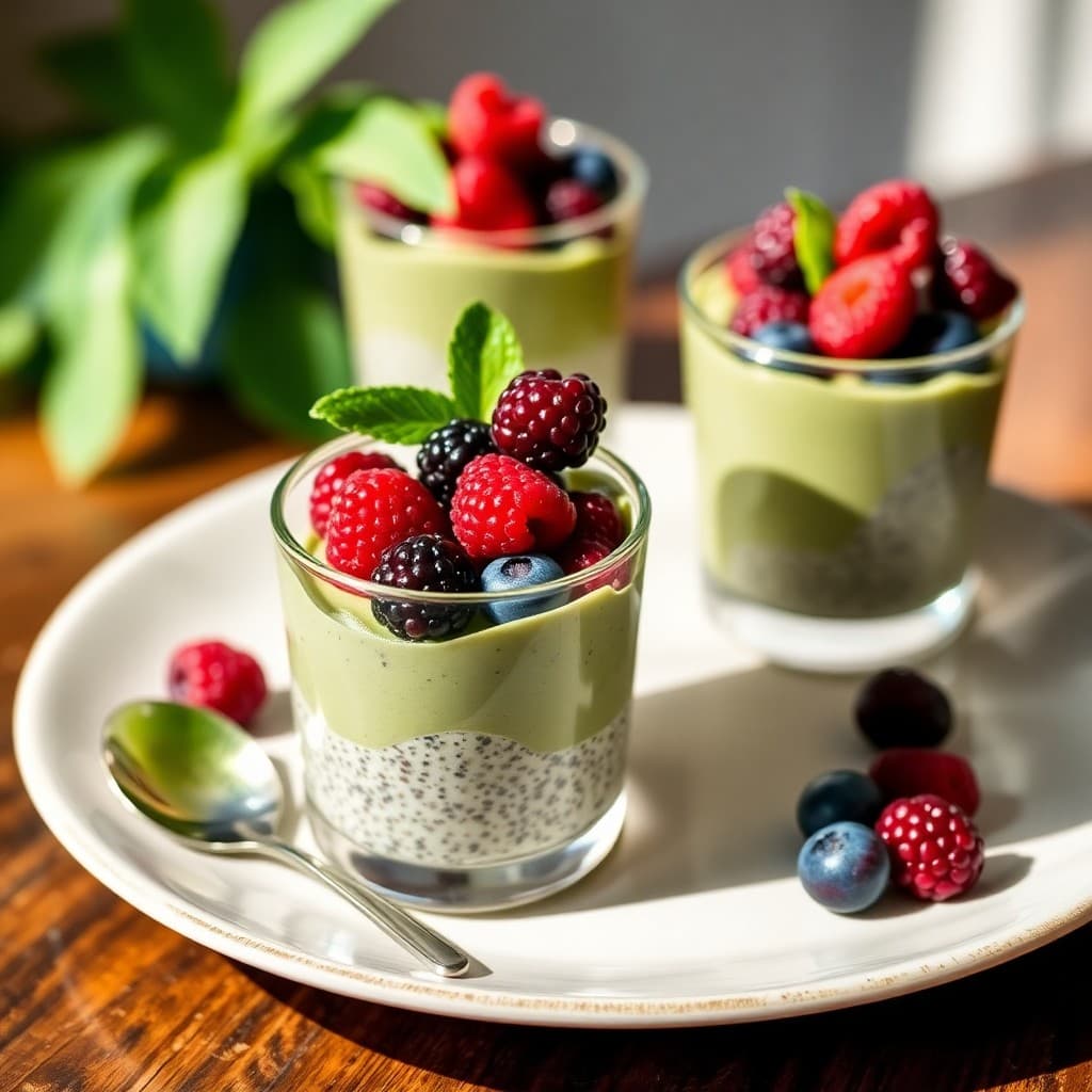 Creamy Matcha Chia Pudding Parfaits with Roasted Berries