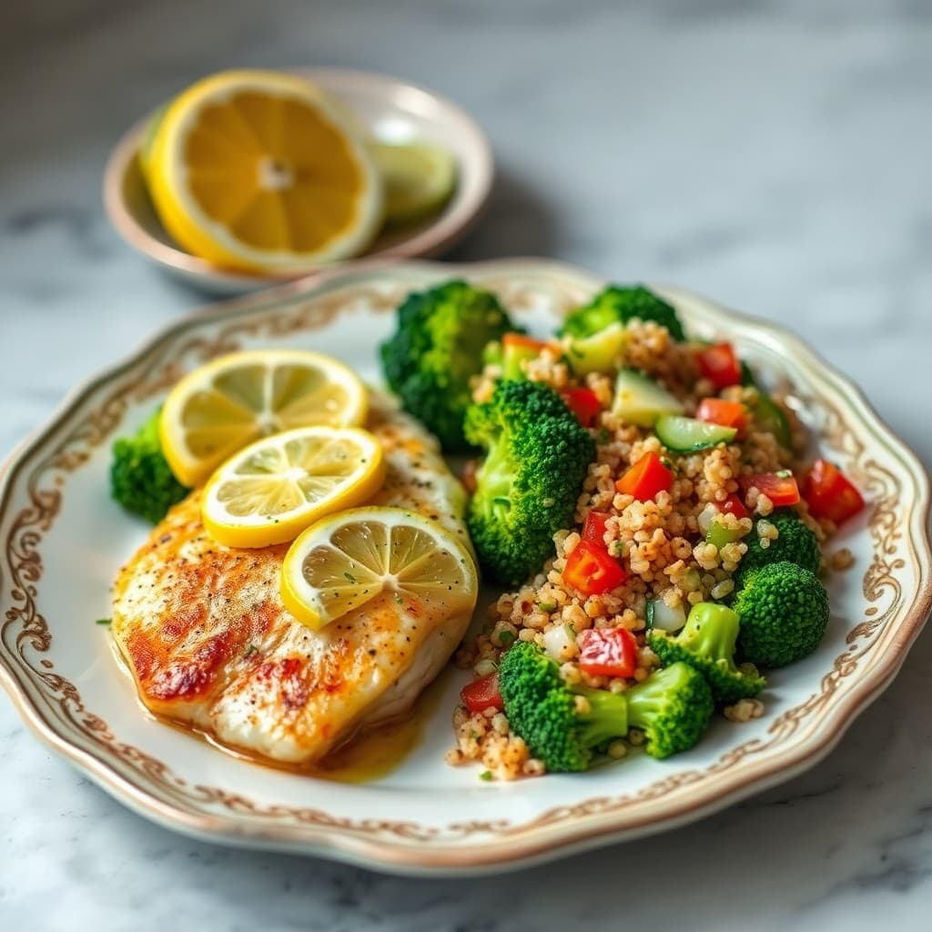 Zesty Lemon-Herb Baked Tilapia with Roasted Broccoli and Quinoa Salad