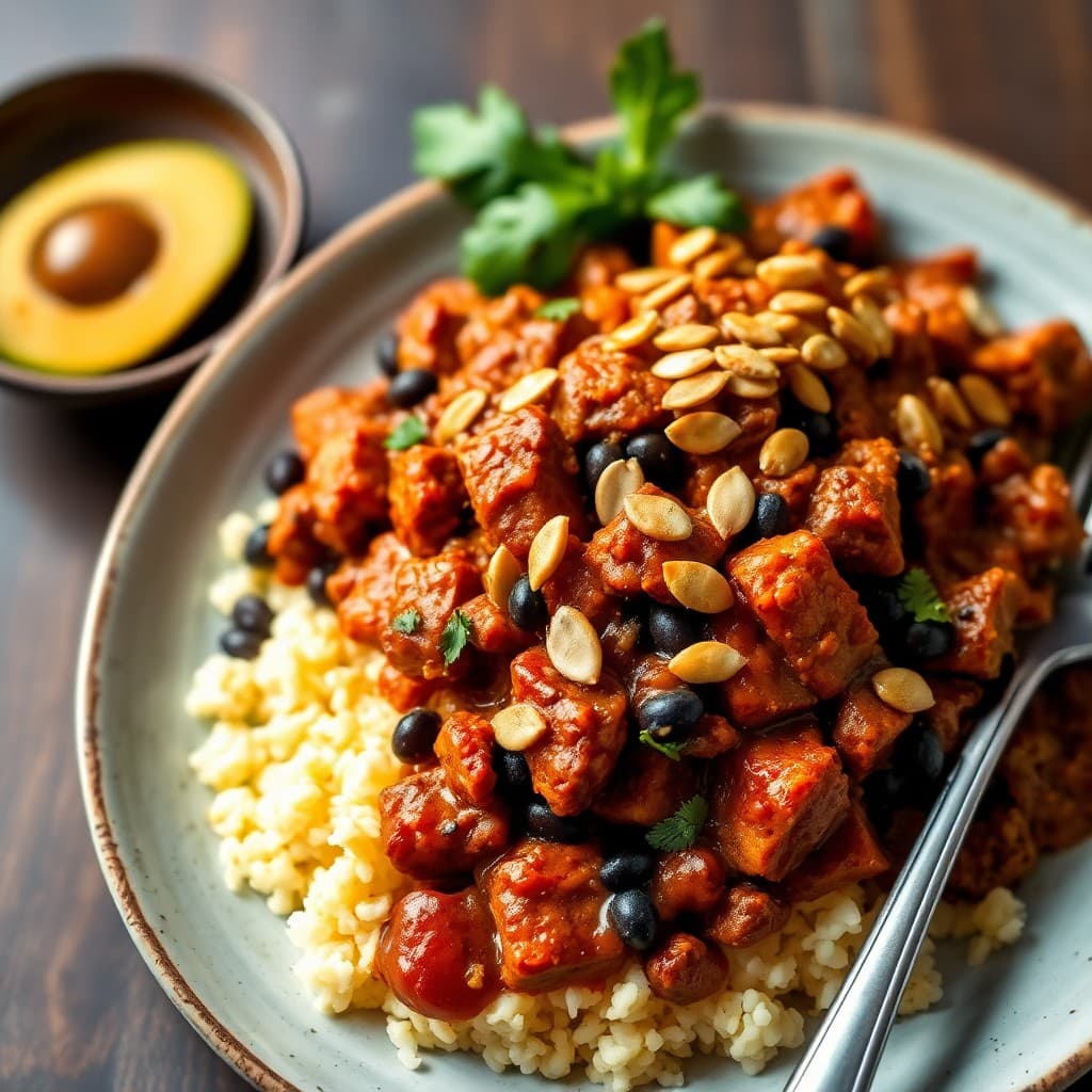 Smoky Tempeh & Black Bean Enchilada Skillet with Cilantro-Lime Cauliflower Rice