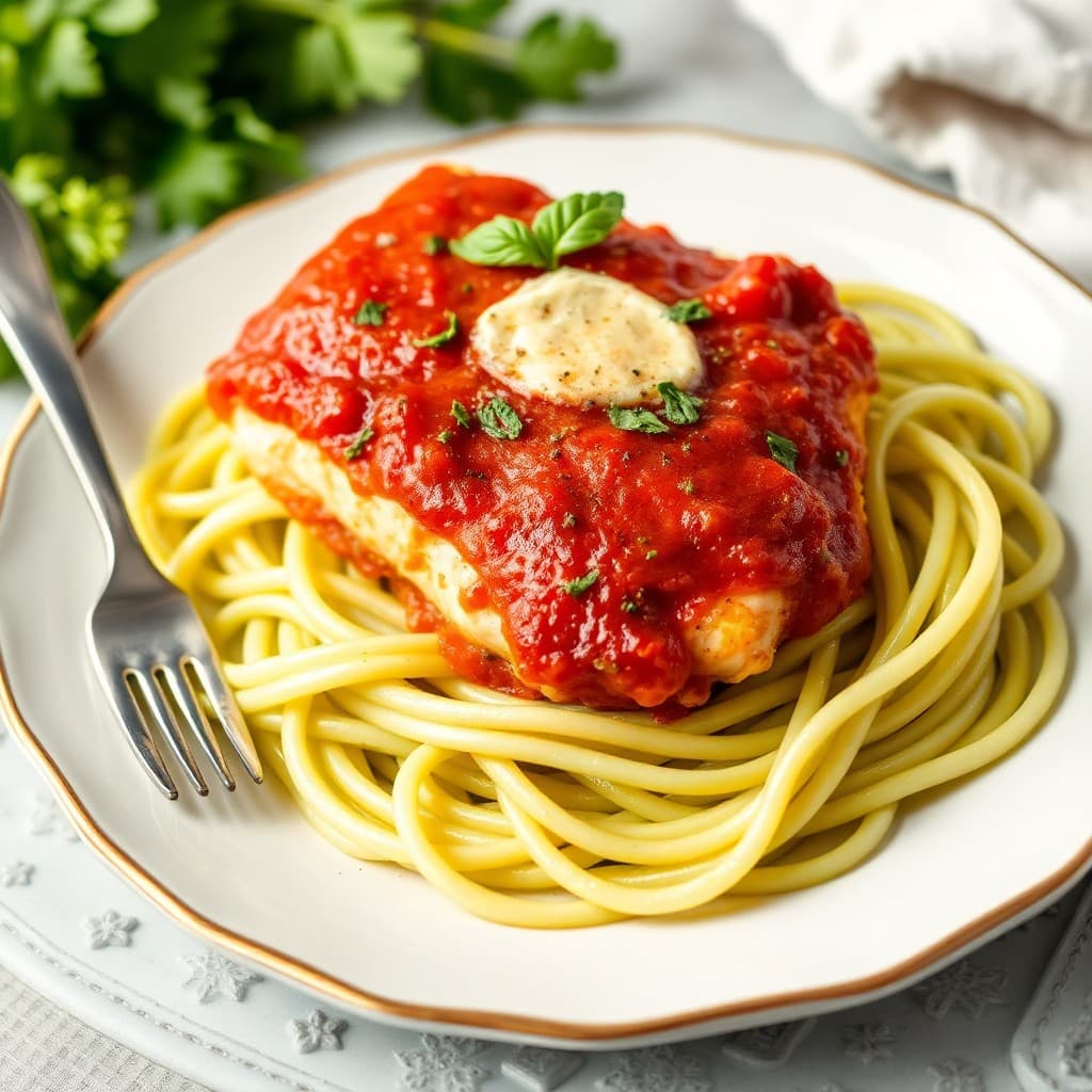 Garlic Herb Chicken Parmigiana with Zucchini Noodles