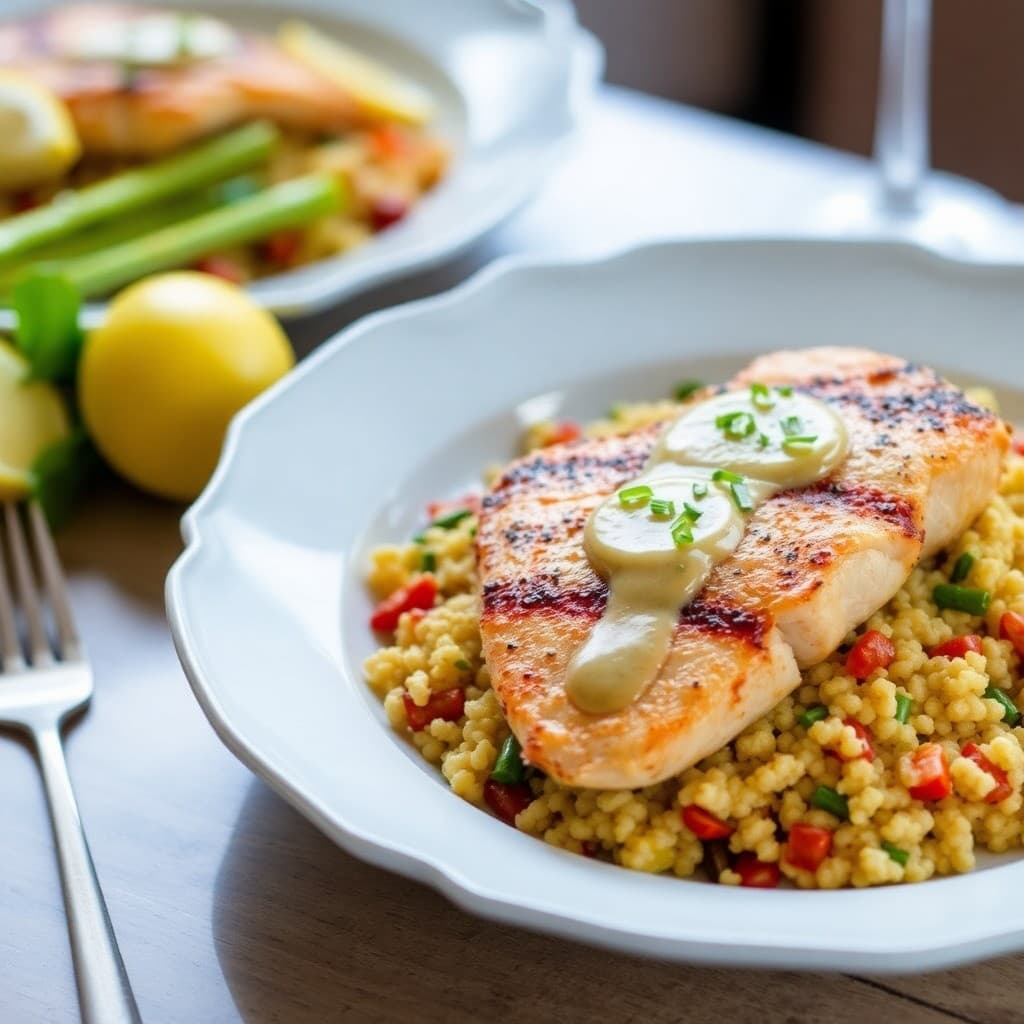 Zesty Lemon Chicken Paillards with Roasted Vegetable Couscous