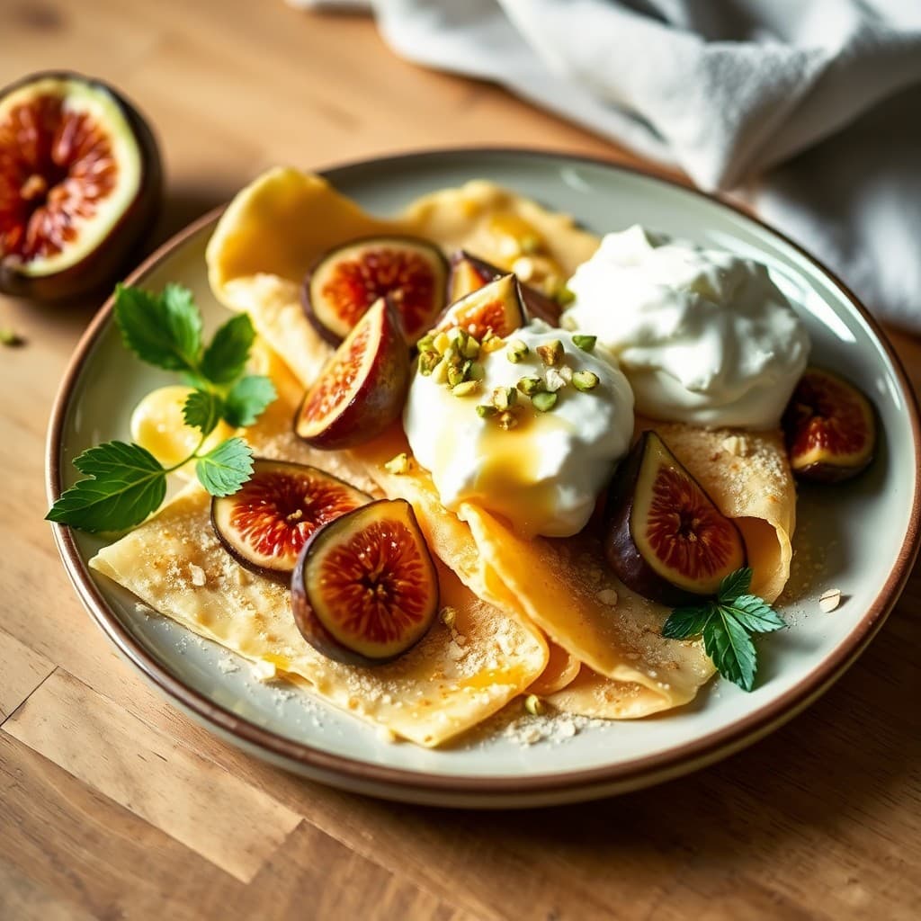 Moroccan Almond Flour Crepes with Honey-Soaked Figs & Pistachio Cream