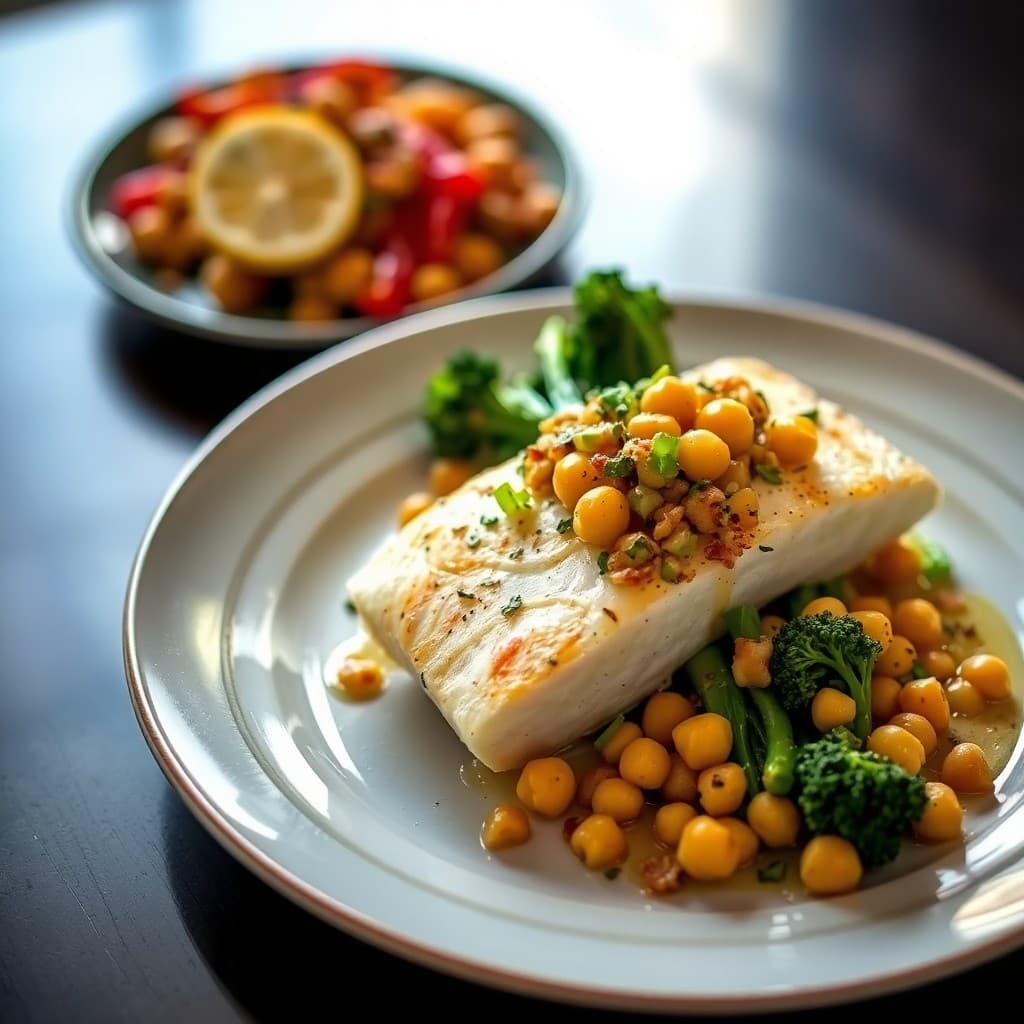 Pan-Seared Sea Bass with Crispy Chickpea Soffritto & Charred Broccolini