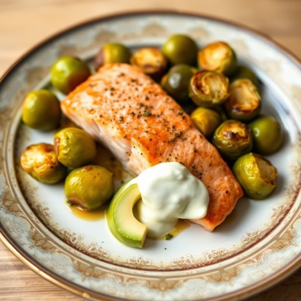 Baked Salmon with Roasted Brussels Sprouts and Avocado