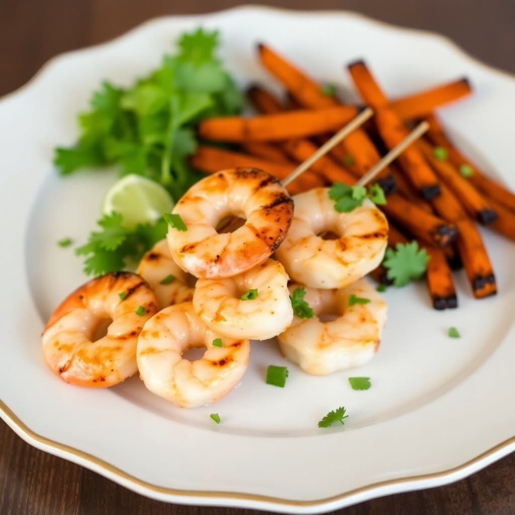 Grilled Chili-Lime Shrimp Skewers with Roasted Sweet Potato Fries