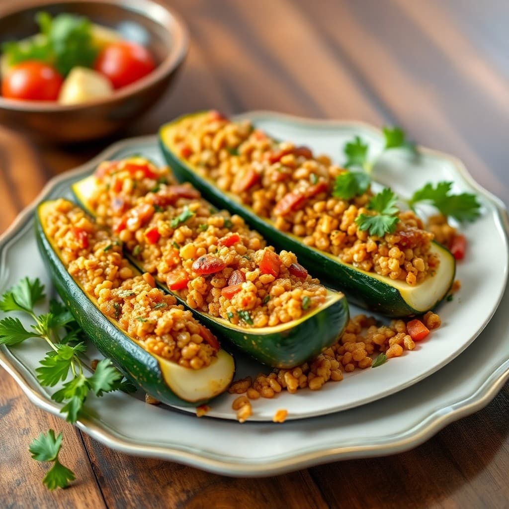 Spicy Lentil and Bulgur Stuffed Zucchini Boats