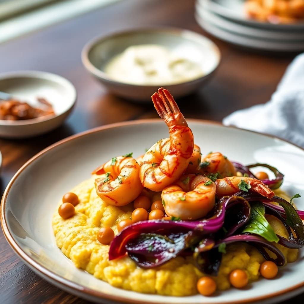 Spanish Gambas al Ajillo with Crispy Chickpea Polenta & Charred Radicchio