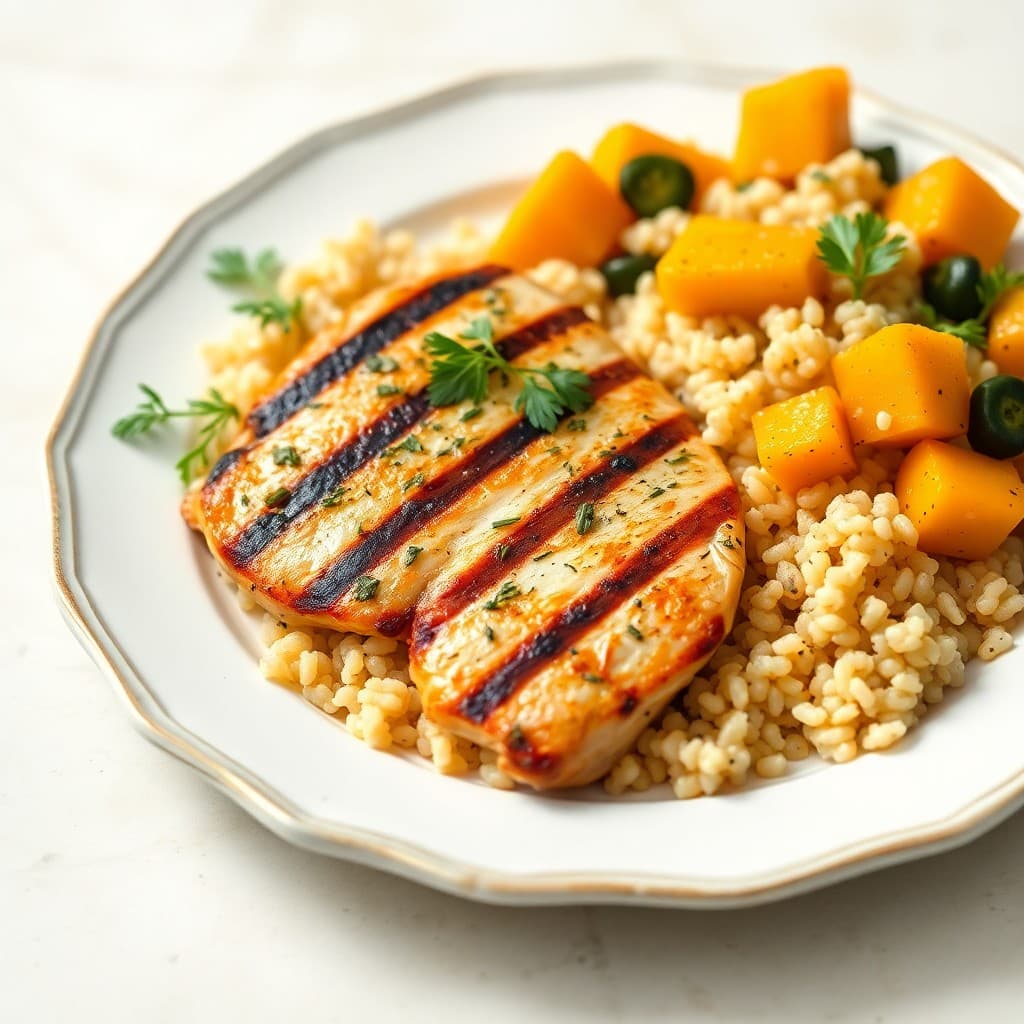 Grilled Lemon-Herb Chicken with Roasted Butternut Squash and Quinoa