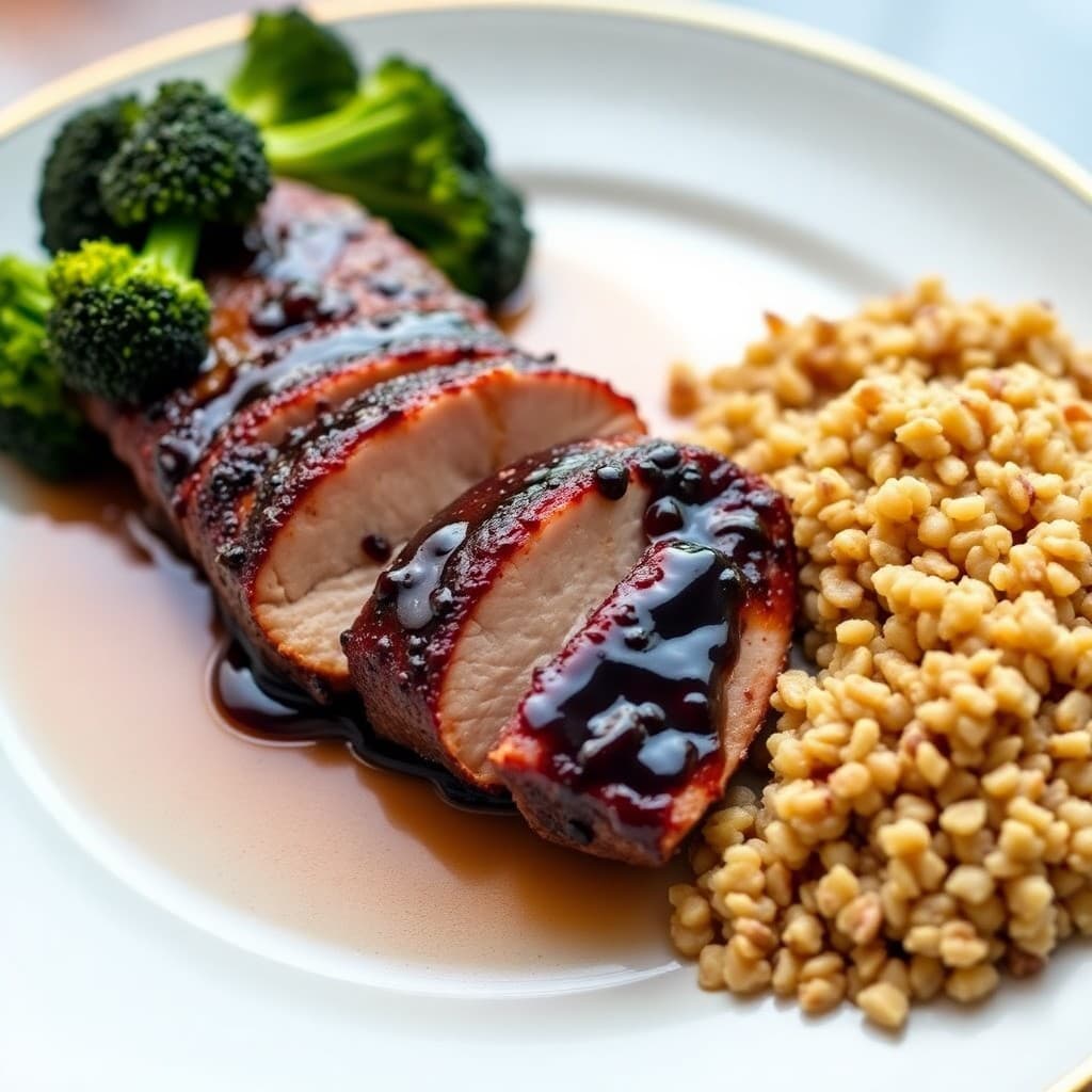 Balsamic Glazed Pork Tenderloin with Roasted Broccoli and Quinoa