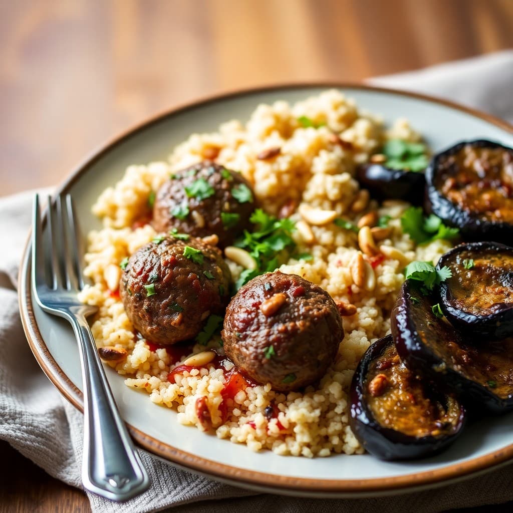 Turkish Lamb Köfte with Bulgur Pilaf & Charred Eggplant