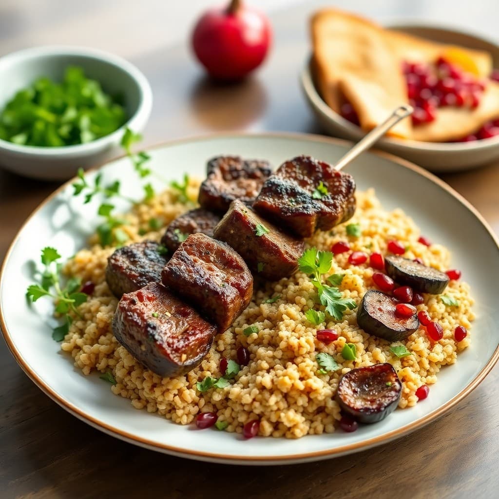 Turkish Grilled Lamb Kebab with Charred Eggplant & Herbed Bulgur Pilaf