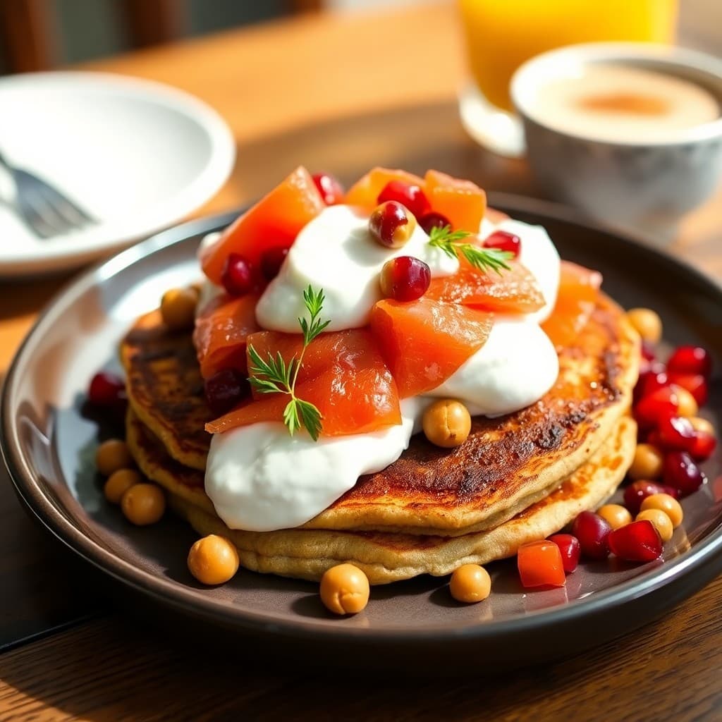 Moroccan-Spiced Smoked Salmon & Chickpea Breakfast Pancakes with Pomegranate-Walnut Compote